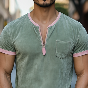 Men's Spring And Summer Fashion Casual V-neck Zipper Contrast Color Splicing Suede Short Sleeve T-shirt