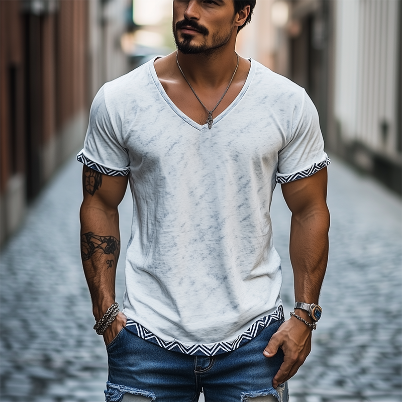 Camiseta clásica informal de algodón con cuello en V y manga corta para hombre