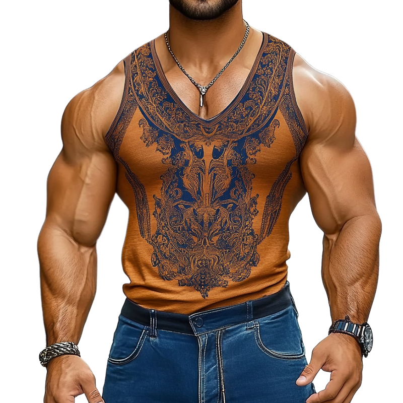 Herren-Tanktop mit Rundhalsausschnitt und Retro-Ethno-Print