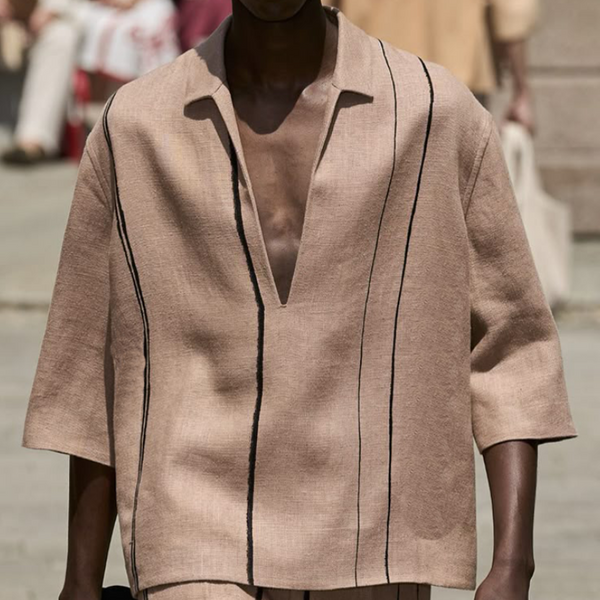 Camisa informal de algodón y lino con cuello en V y manga tres cuartos para hombre, de primavera y verano