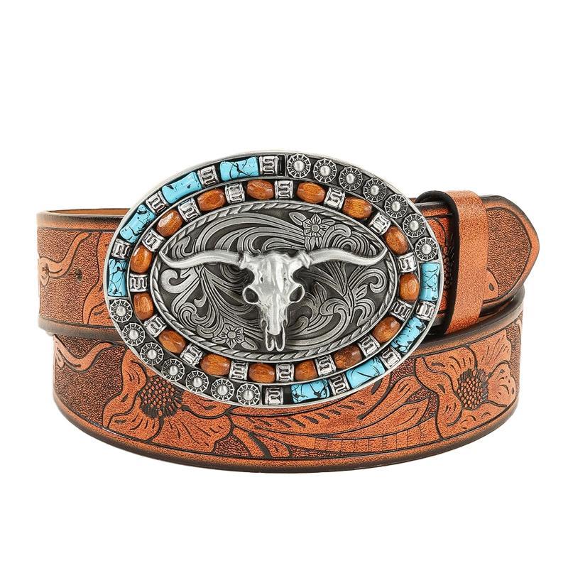 Men's Vintage Embossed Western Cowhide Leather Belt 83232677Y