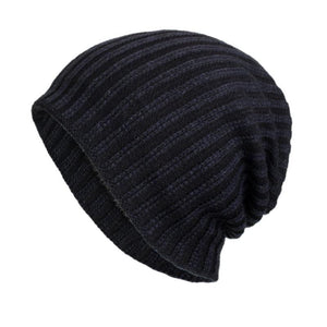 Men's Retro Two-tone Vertical Stripes Cable Flannel Lining Warm Knitted Hat