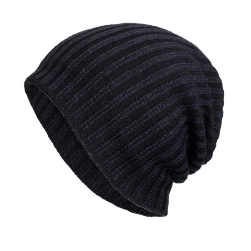Gorro de punto cálido con forro de franela y rayas verticales bicolor retro para hombre