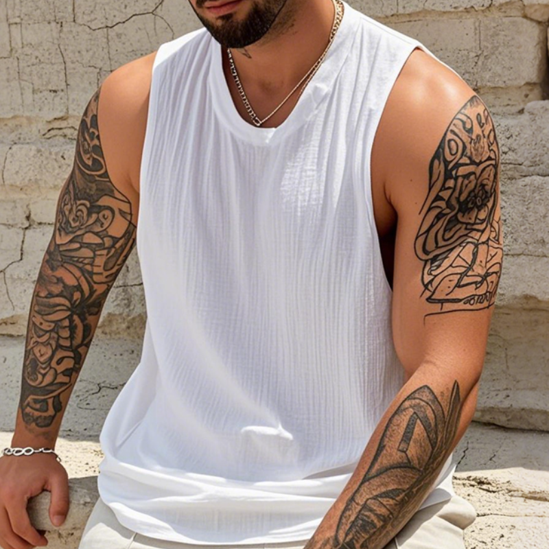 Men's Casual Cotton Linen Pleated Round Neck Loose Tank Top