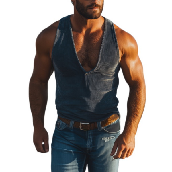 Men's Fashion Casual Western Cowboy Style Corduroy Deep V Neck Tank Top