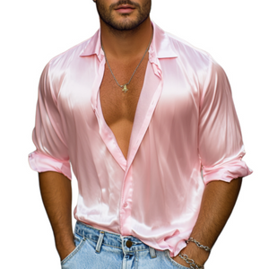 Men's Spring Fashion Casual Satin Glossy Long Sleeve Shirt