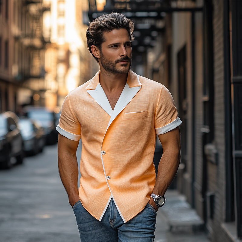 Herren Frühlings- und Sommermode Schmaler Revers Einreihiges Kurzarmhemd Aus Tencel-Baumwolle