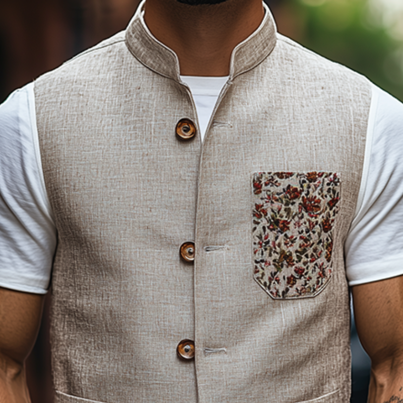 Chaleco de ramio bordado con cuello alto retro de moda de primavera para hombre