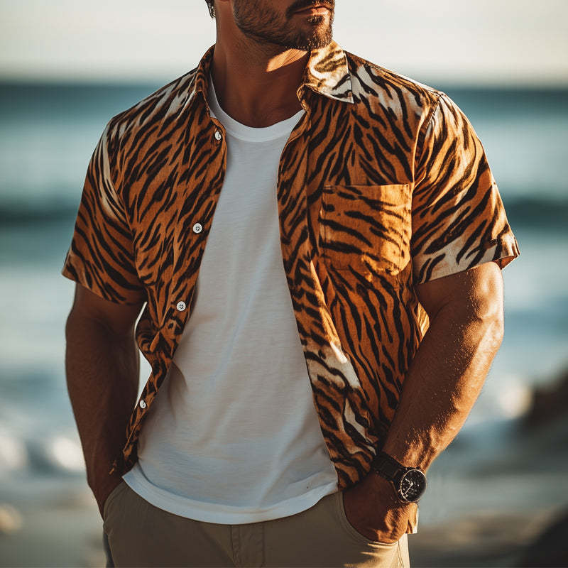 Camisa informal de verano con estampado de tigre para hombre