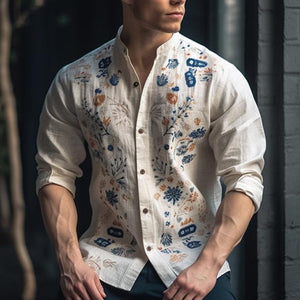Camisa informal de manga larga con cuello redondo y estampado floral para hombre