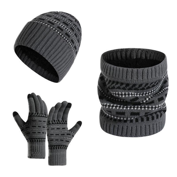 Dreiteiliges Set aus warmer Strickmütze, Schal und Handschuhen für Herren