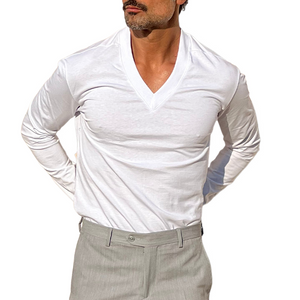Camiseta de manga larga con cuello en V y mezcla de colores sólidos para hombre