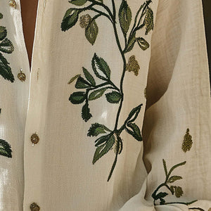 Men's Spring Fashion Leaf Embroidery Casual Sports Long Sleeve Shirt