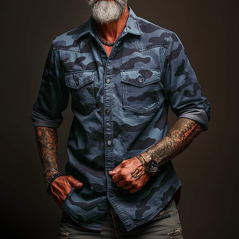 Men's Camouflage Lapel Chest Pocket Cargo Shirt