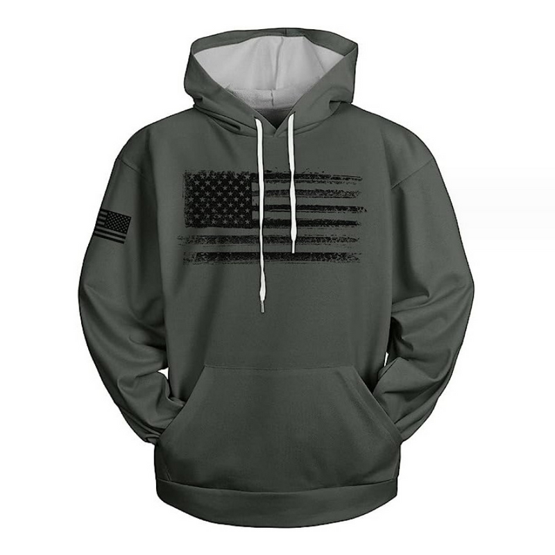 Men's American Flag Print Solid Color Hooded Sweatshirt