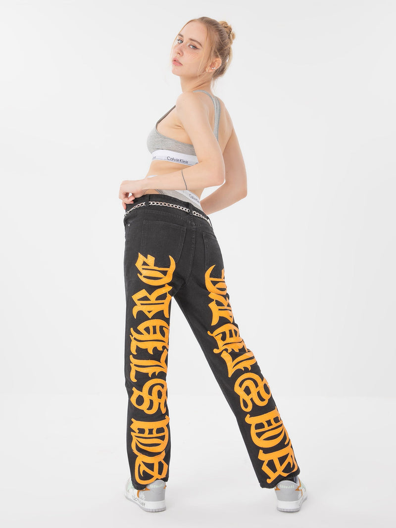 Burning Text Embroidered Letters Jeans