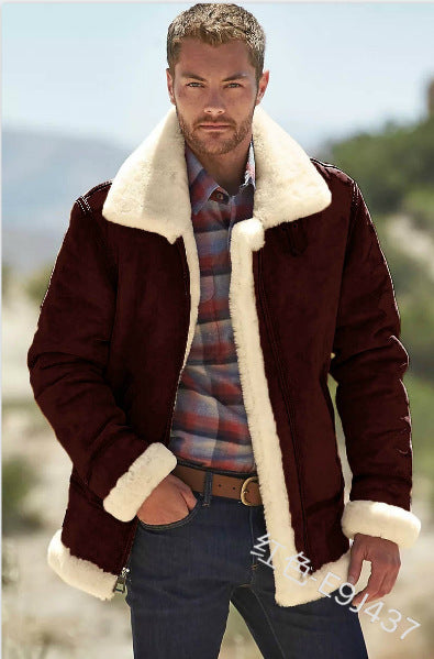 LAMB WOOL JACKET MEN'S SLIM FIT LAPEL ZIPPER JACKET