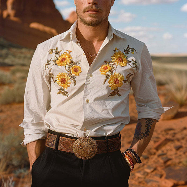 Camisa informal de manga larga con estampado floral bordado para hombre