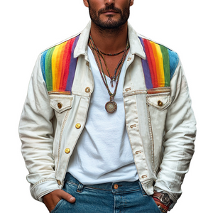 Weiße Jeansjacke aus Regenbogenstoff im Patchwork-Stil für Herren