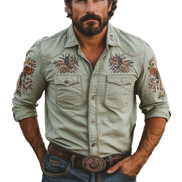 Men's Casual Embroidered Lapel Long Sleeve Shirt