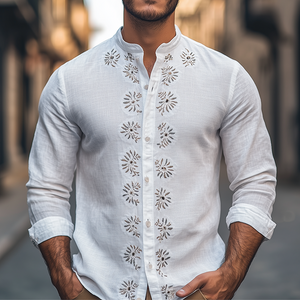 Camisa de manga larga de algodón y lino bordada con cuello alto estilo retro de primavera para hombre