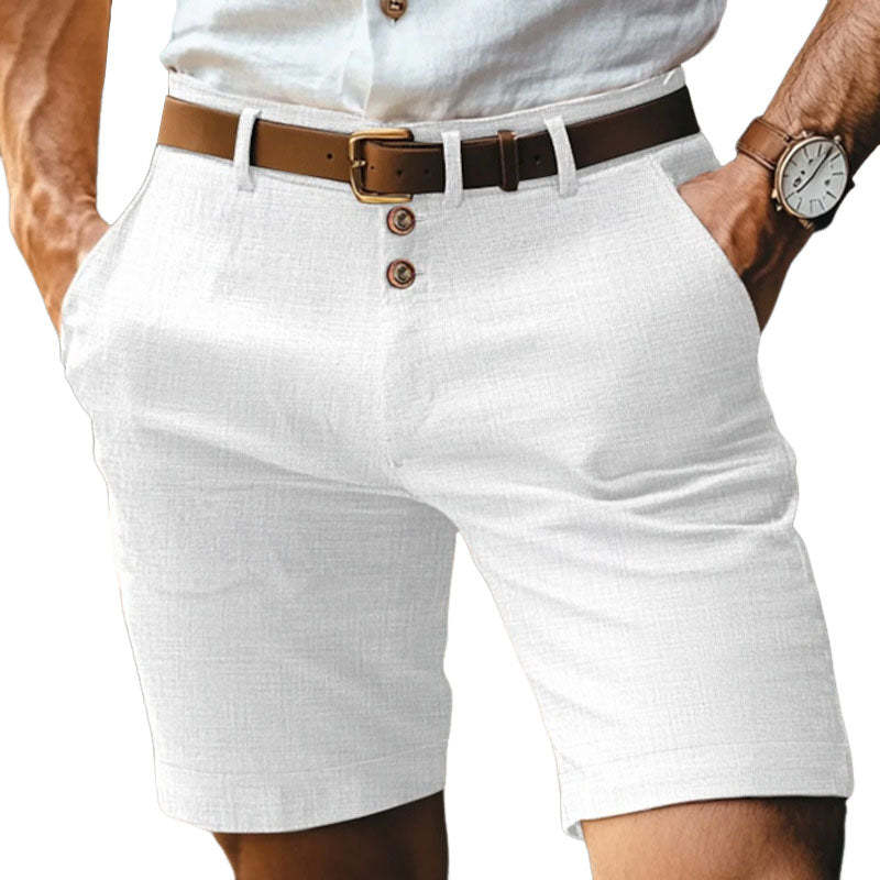Pantalones cortos de traje casuales de lino y algodón para hombre, corte entallado