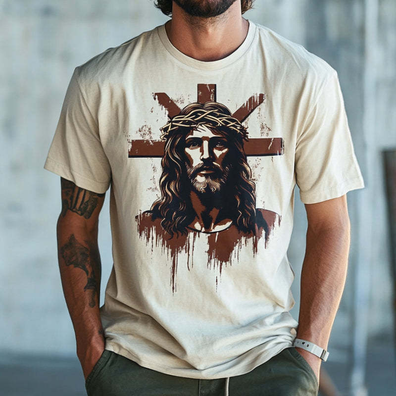 Camiseta retro informal de manga corta con cuello redondo y estampado de Jesús para hombre