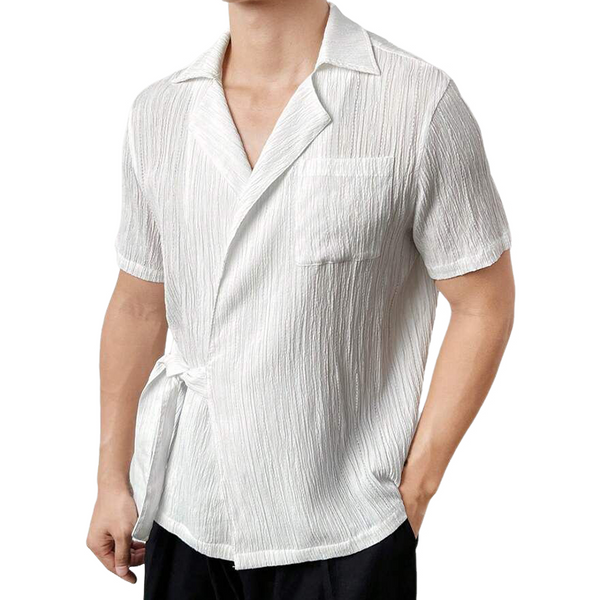 Camisa informal de manga corta con solapa y pliegues para hombre, de moda de primavera y verano