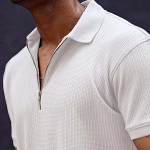 Camiseta retro informal de manga corta con cuello y cremallera de color liso para hombre