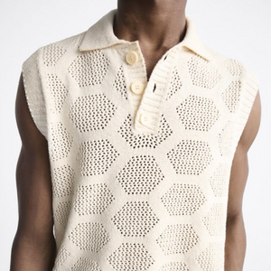 Camiseta sin mangas de punto con cuello polo hueco, informal y exquisita, de moda para hombre