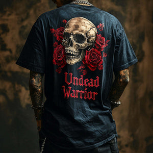 Camiseta retro informal de manga corta con cuello redondo y estampado de calavera rockera "Guerrero no muerto" para hombre