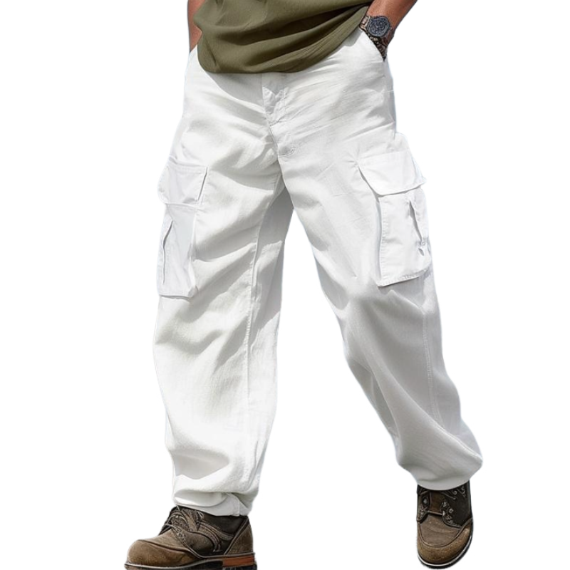 Pantalones cargo casuales de lino y algodón para hombre, holgados, con múltiples bolsillos