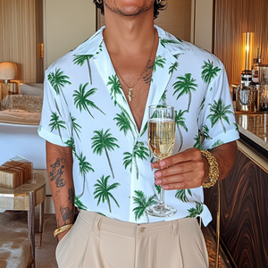 Camisa informal de manga corta holgada con cuello cubano y estampado de palmeras para hombre