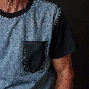 Dünnes Denim-Ptachwork-T-Shirt für Herren mit Rundhalsausschnitt und kurzen Ärmeln