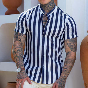 Men's Retro Stripe Print Linen Stand Collar Short Sleeve Shirt