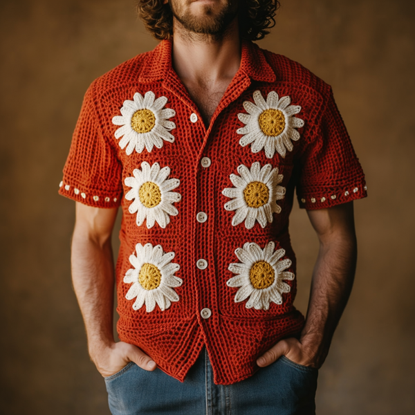 Men's Casual Lapel Single Breasted Daisy Embroidery Knitted Short Sleeve Cardigan