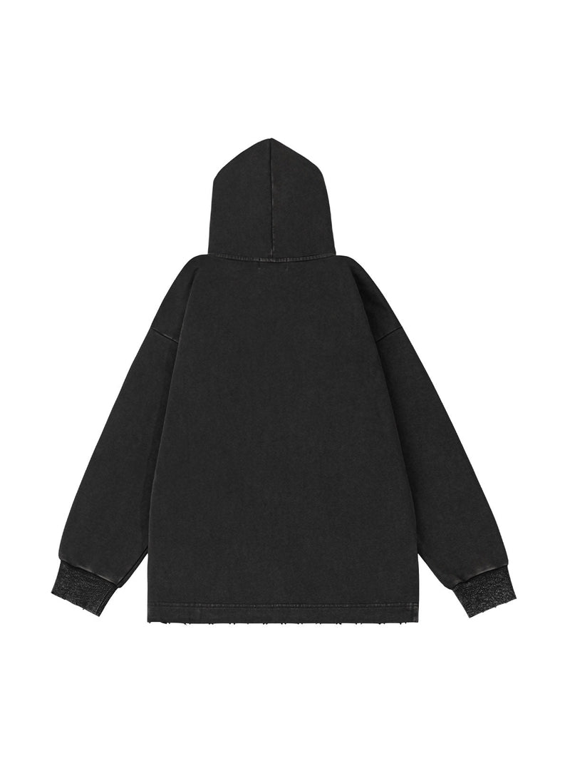 Ripped Drawstring Hooded Zip Up Sweatshirt