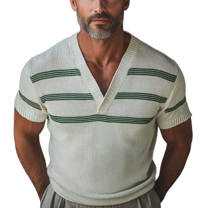 Herren Retro V-Ausschnitt Strick Kurzarm T-Shirt