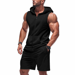 Men's Solid Color Sports Sleeveless Hoody Shorts Two-Piece Set