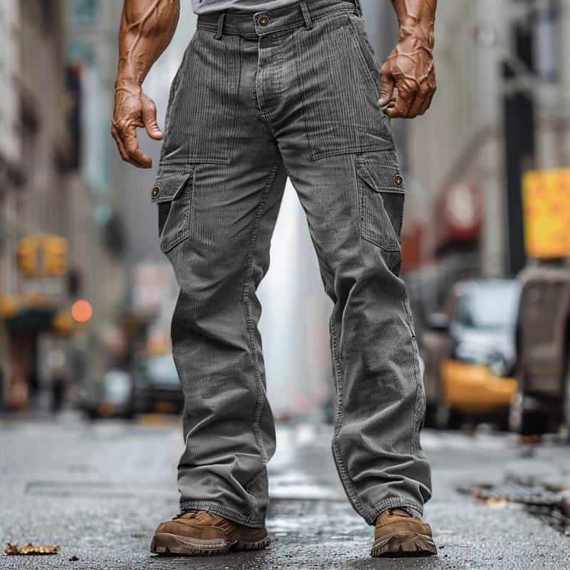 Men's Solid Color Corduroy Multi-Pocket Cargo Straight Pants