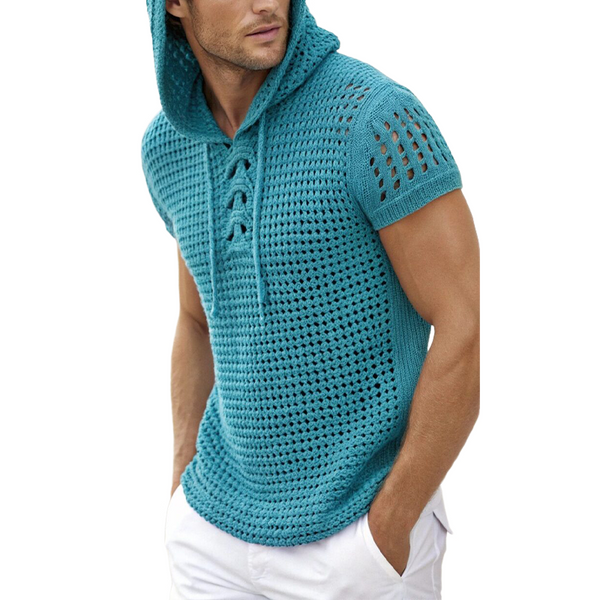 Camiseta de manga corta de punto hueco con capucha informal de moda de verano para hombre