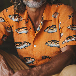 Men's Spring Fashion Sardines Print Short Sleeve Shirt