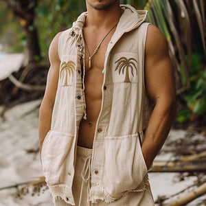 Chaleco con capucha y borde sin rematar con bordado de hojas de palma para hombre