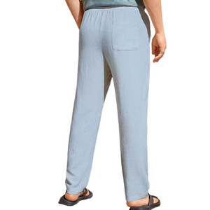 Pantalones rectos casuales de algodón y lino con cintura elástica para hombre