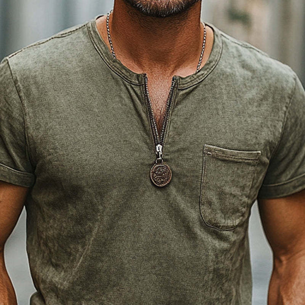 Camiseta informal vintage cómoda con cuello con cremallera para hombre