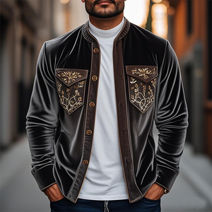 Camisa de manga larga de terciopelo bordada retro de moda de primavera para hombre