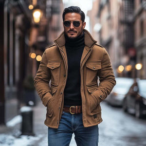 Herren Vintage Wildleder Fleece Kragen Patchwork Multi-Pocket Reißverschluss Mantel