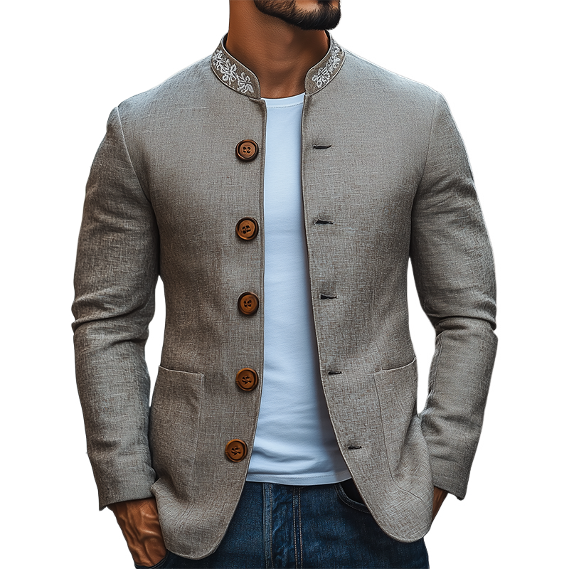 Men's Classic Retro Casual Stand-up Collar Embroidered Thin Cotton And Linen Slim Jacket