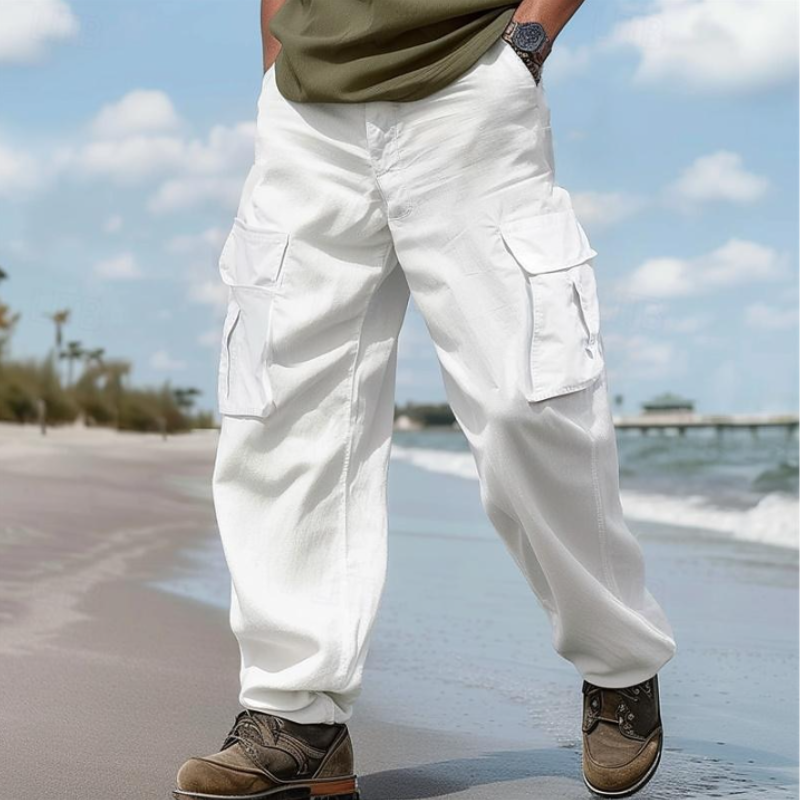 Pantalones cargo casuales de lino y algodón para hombre, holgados, con múltiples bolsillos
