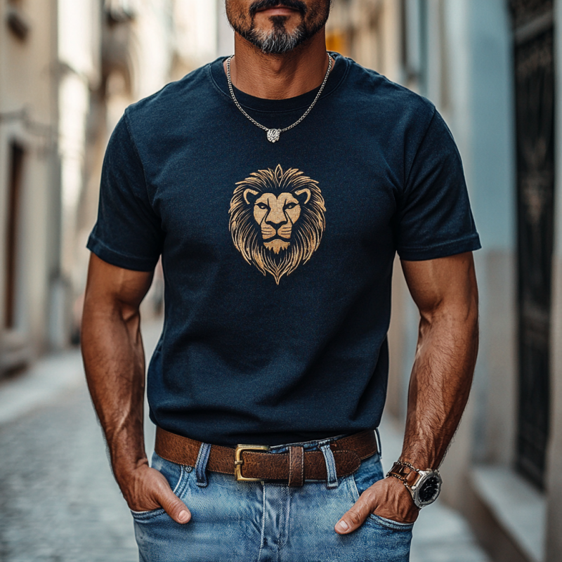 Camiseta informal de algodón con bordado de león para hombre, cuello redondo, corte entallado y manga corta